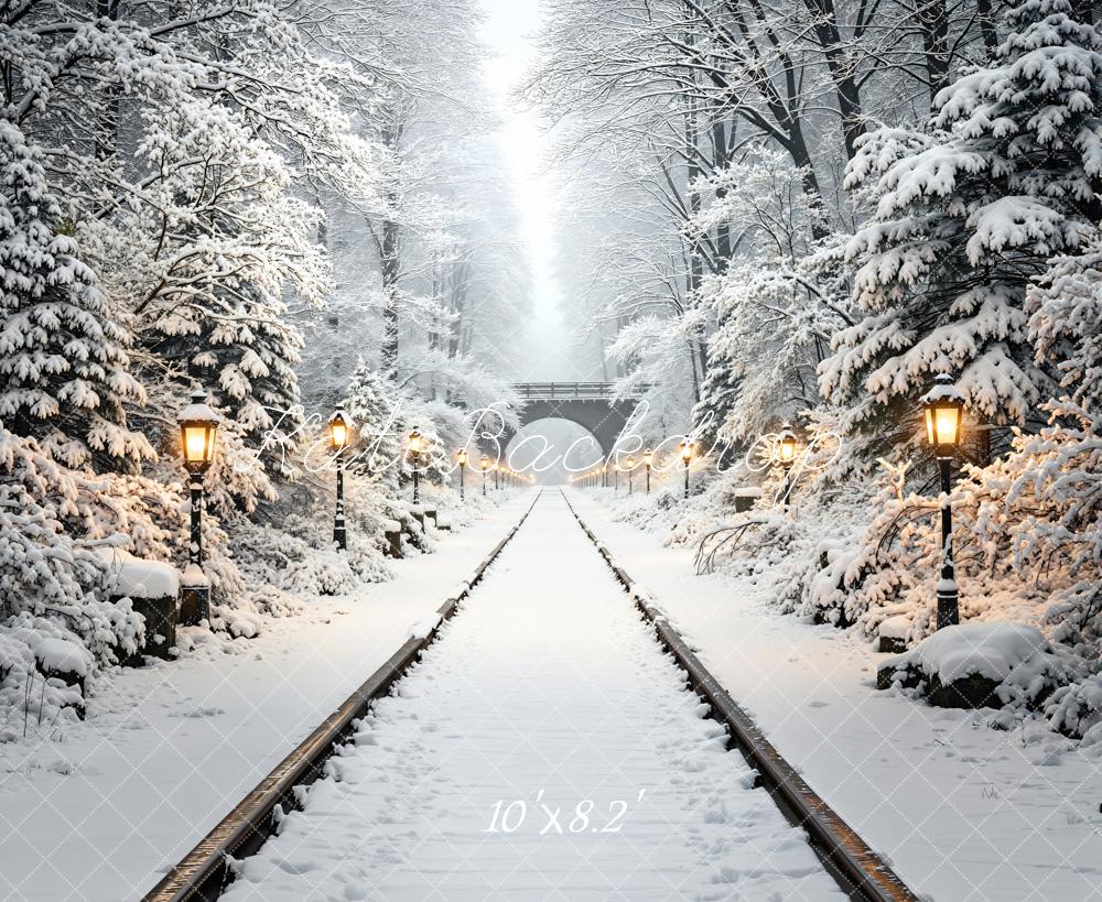 Kate Winter Snowy Forest Railway Tunnel with Lamp Posts Printed Backdrop Designed by Mini MakeBelieve