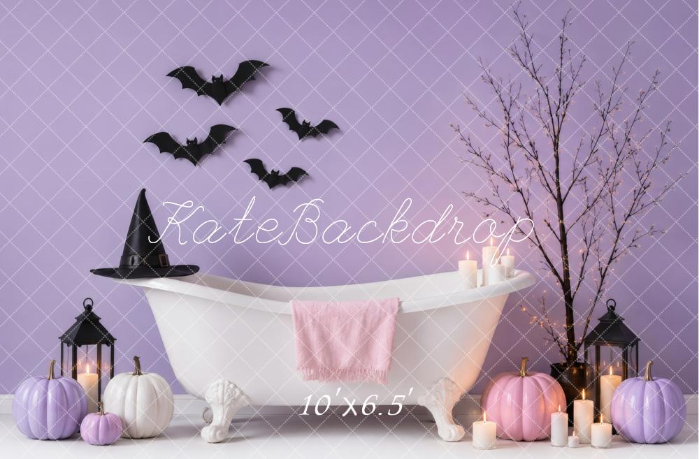 Kate Halloween Baby Shower Bathtub Purple Pumpkins Bats Candles Printed Backdrop Designed by Vertigo Productions