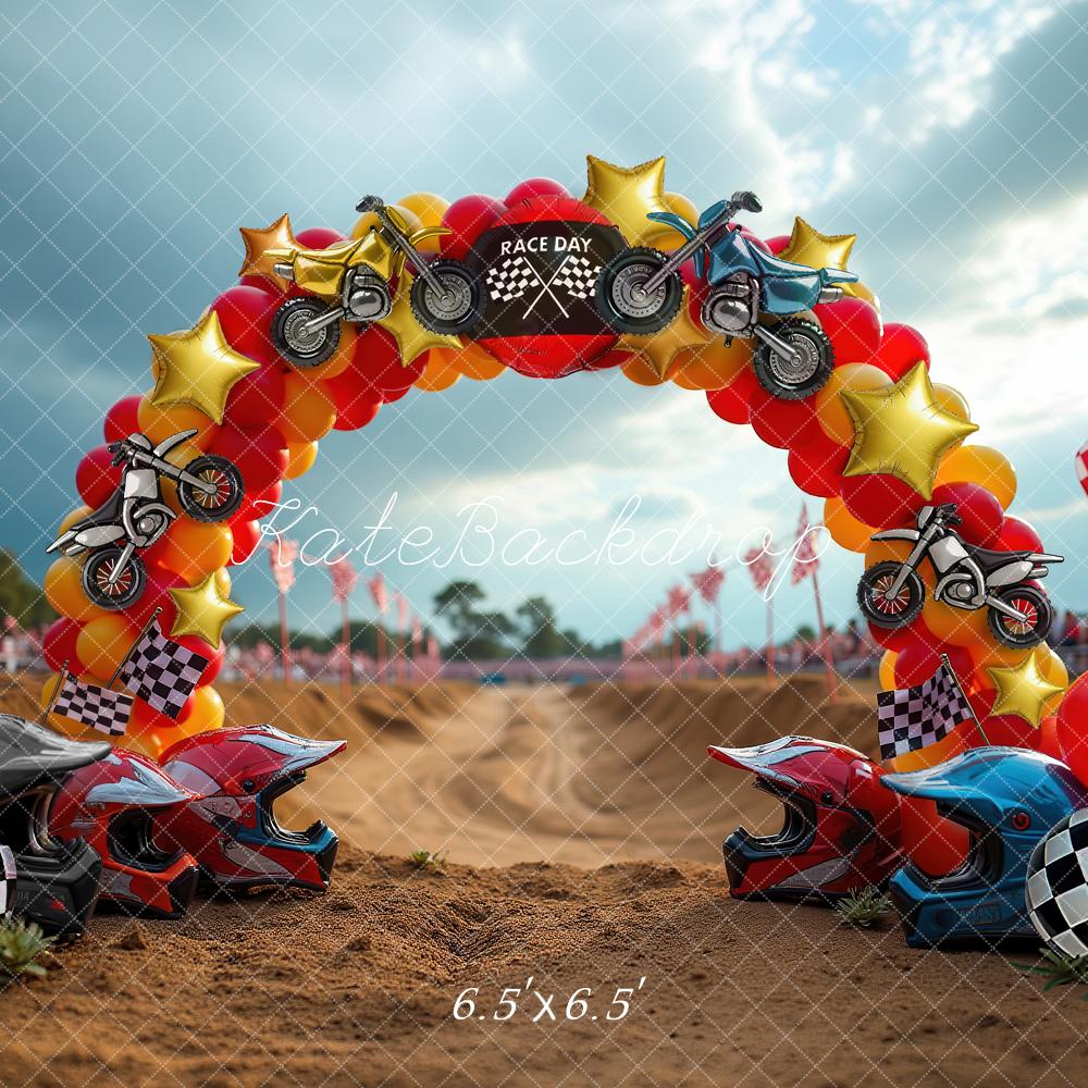 Kate Cake Smash Race Day Motorcycle Balloon Arch Checkered Flags Printed Backdrop Designed by Laura Bybee