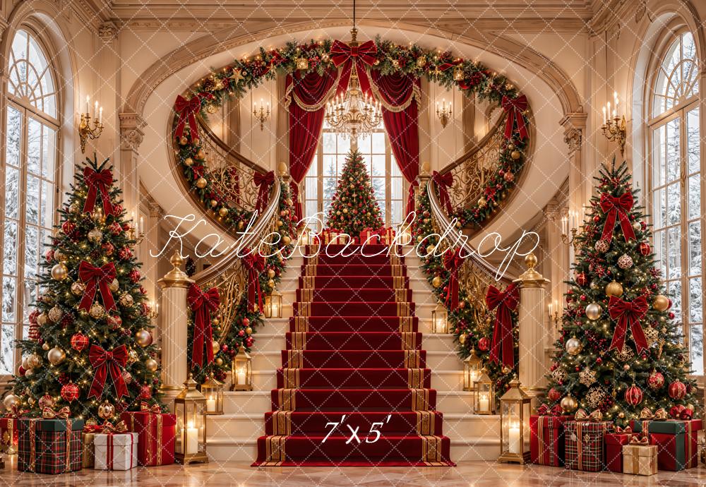 Kate Christmas Cascading Stairs Palace Red Carpet Luxury Trees Printed Backdrop Designed by Emetselch