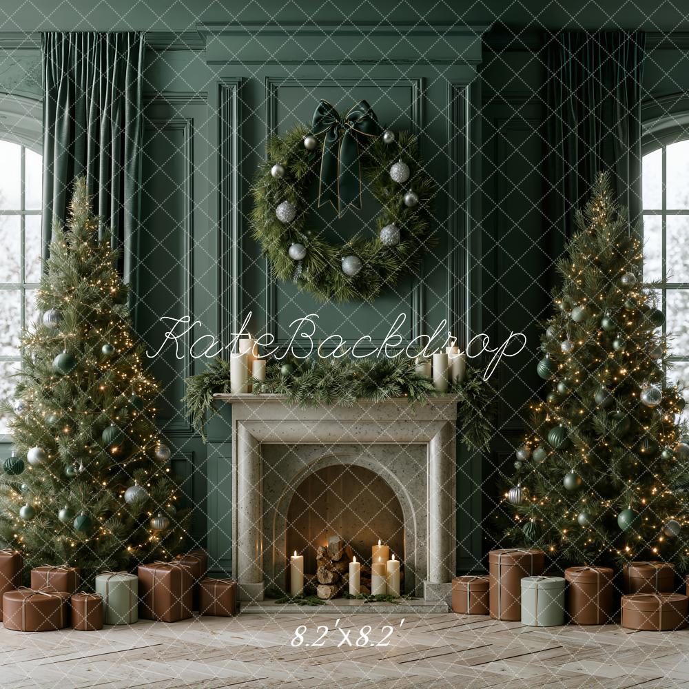Kate Christmas Green Fireplace Wreath Christmas Trees Gifts Window Printed Backdrop Designed by Emetselch