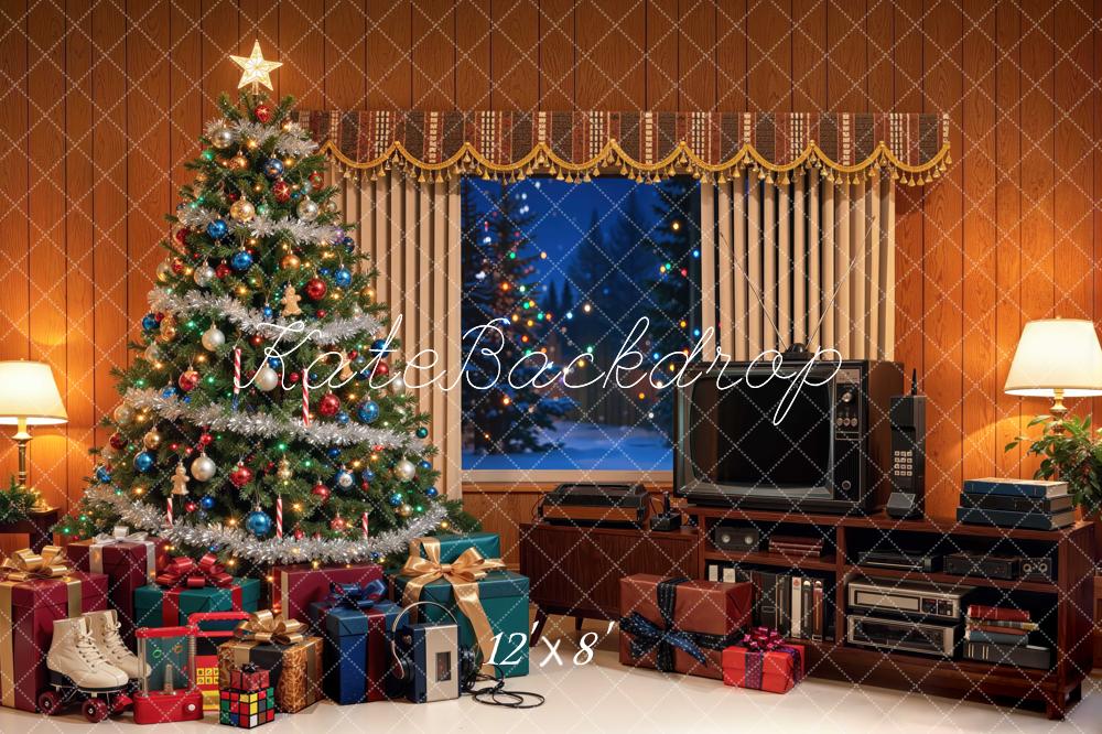 Kate Christmas 80s Retro Living Room TV Tree Gifts Printed Backdrop Designed by Mini MakeBelieve