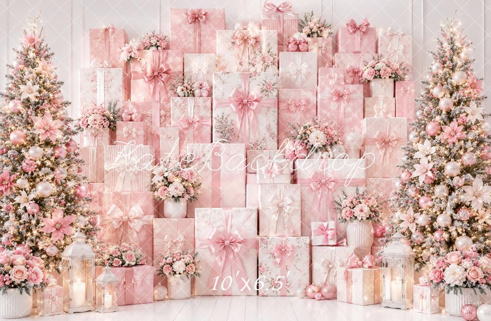Kate Christmas Pink Gifts Wall Floral Trees Printed Backdrop Designed by Ashley Paul