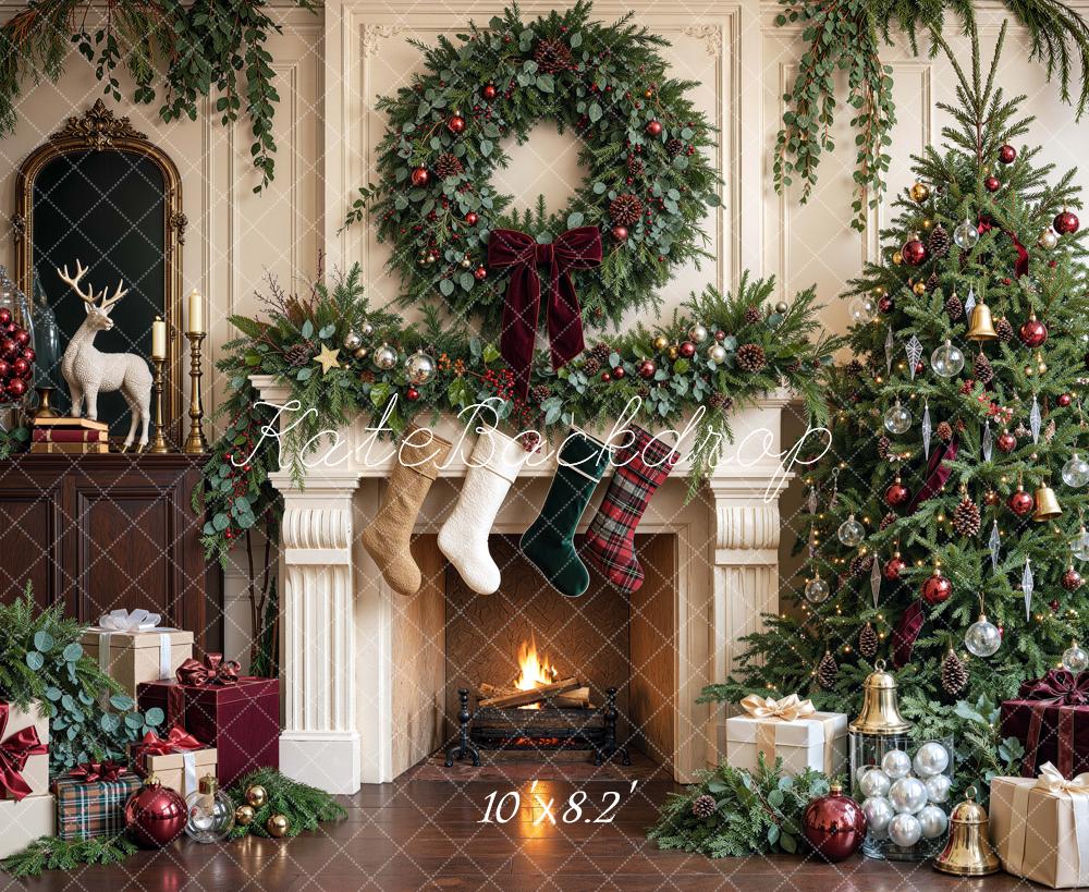 Kate Christmas Tree Fireplace Botanical Wreath Stockings Printed Backdrop Designed by Mini MakeBelieve