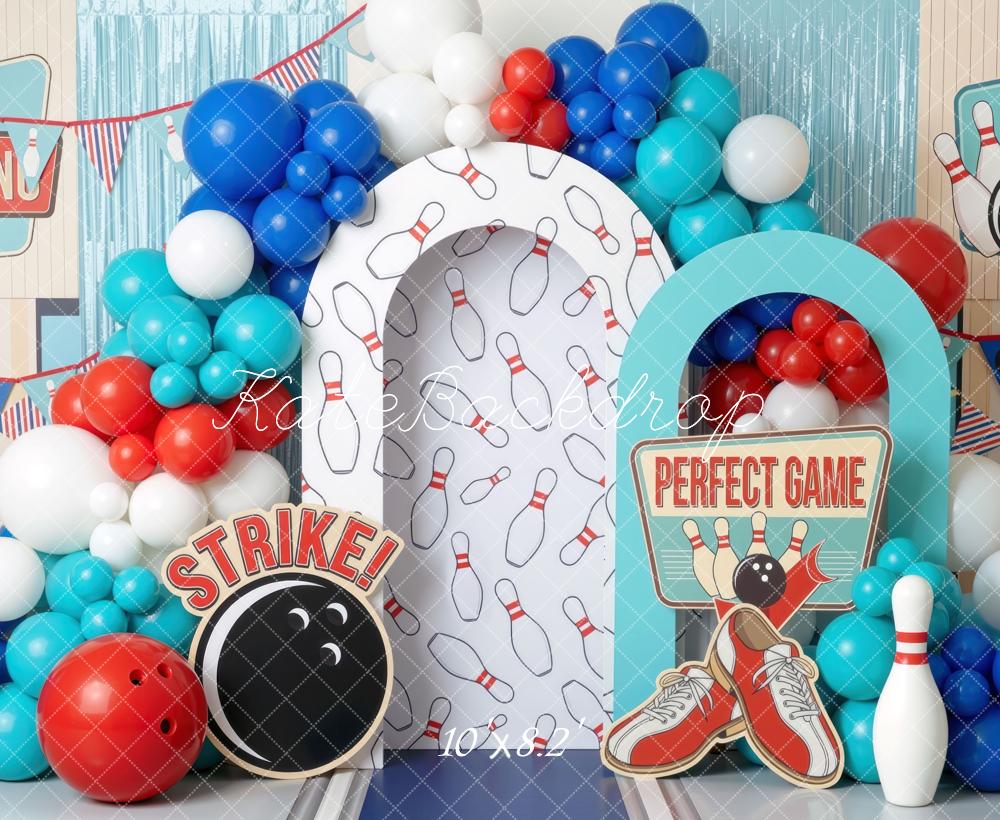 Kate Cake Smash Bowling Alley Pins Balloons Red Blue Printed Backdrop Designed by Mini MakeBelieve
