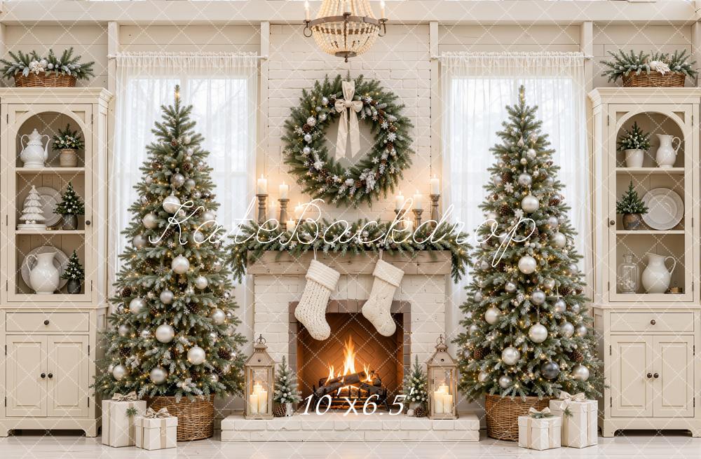 Kate Christmas Fireplace Christmas Trees Wreath White Cabinets Printed Backdrop Designed by Emetselch
