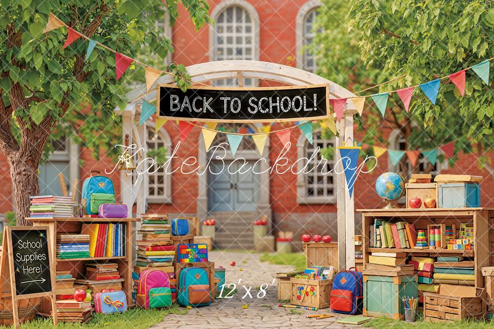 Kate Back To School Outdoor Arch Books Backpacks Bunting Backdrop Designed by Emetselch