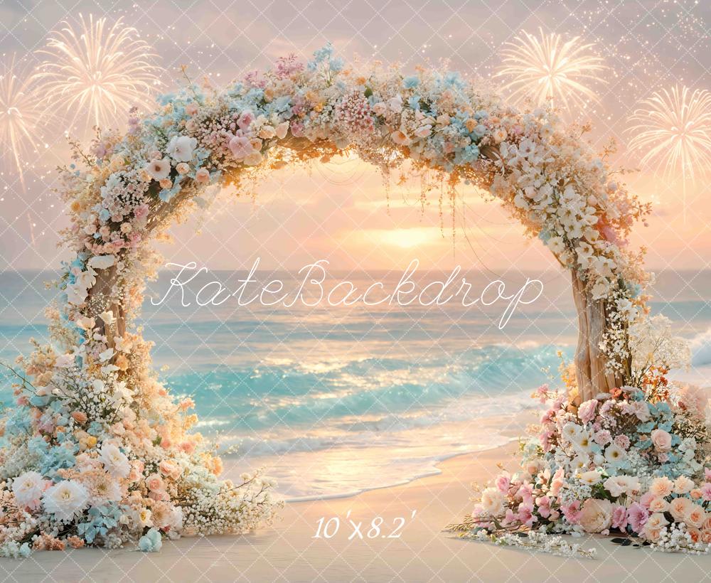 Kate Beach Sunset Flower Arch  Fireworks Printed Backdrop Designed by Mini MakeBelieve