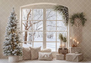 Kate Christmas Winter Snowy Window Tree Neutral Cozy Printed Backdrop Designed by Emetselch