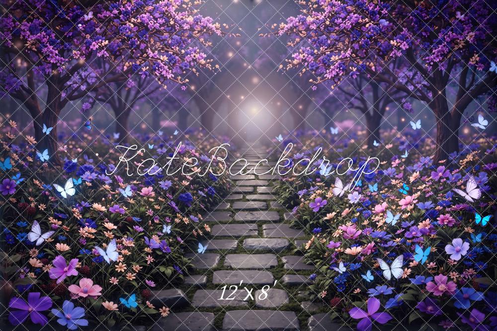 Kate Fairy Fantasy Stone Path Purple Flowers Butterflies Printed Backdrop Designed by Mini MakeBelieve