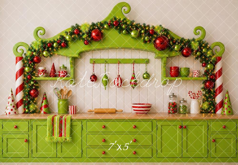 Kate Christmas Whimsical Green Kitchen Cabinet Garland Ornaments Printed Backdrop Designed by Caitlin Lynch