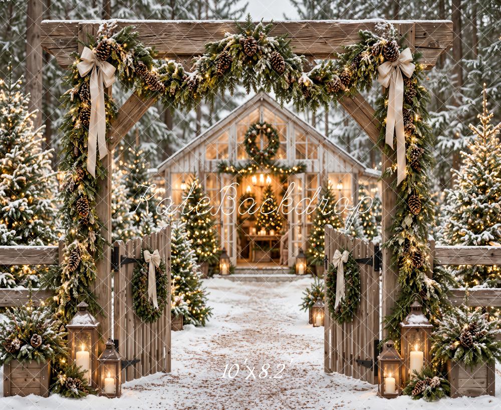 Kate Christmas Rustic Snowy Cabin Garland Archway Woodland Printed Backdrop Designed by Emetselch