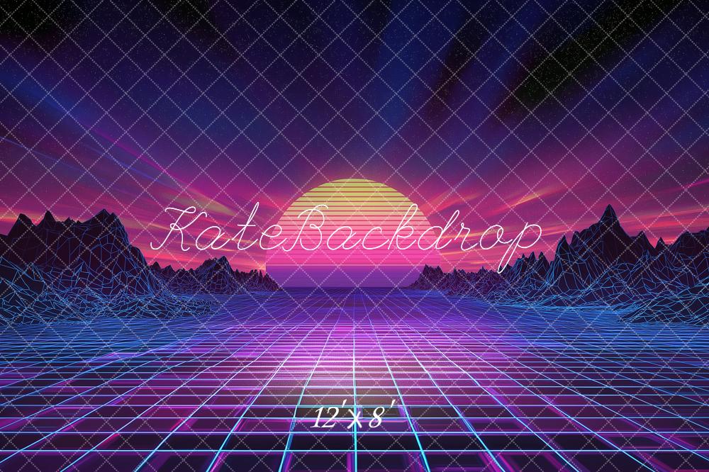 Kate Retro Grid Neon Sunset Landscape Printed Backdrop Designed by Angela Miller