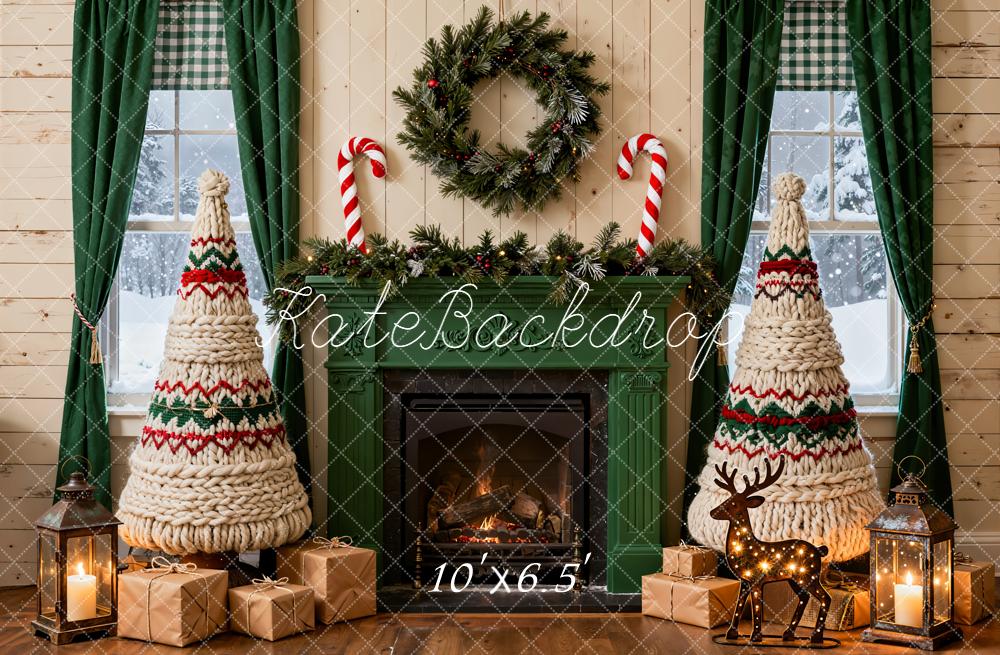 Kate Christmas Fireplace Yarn Trees Wreath Garland Presents Backdrop Designed by Emetselch