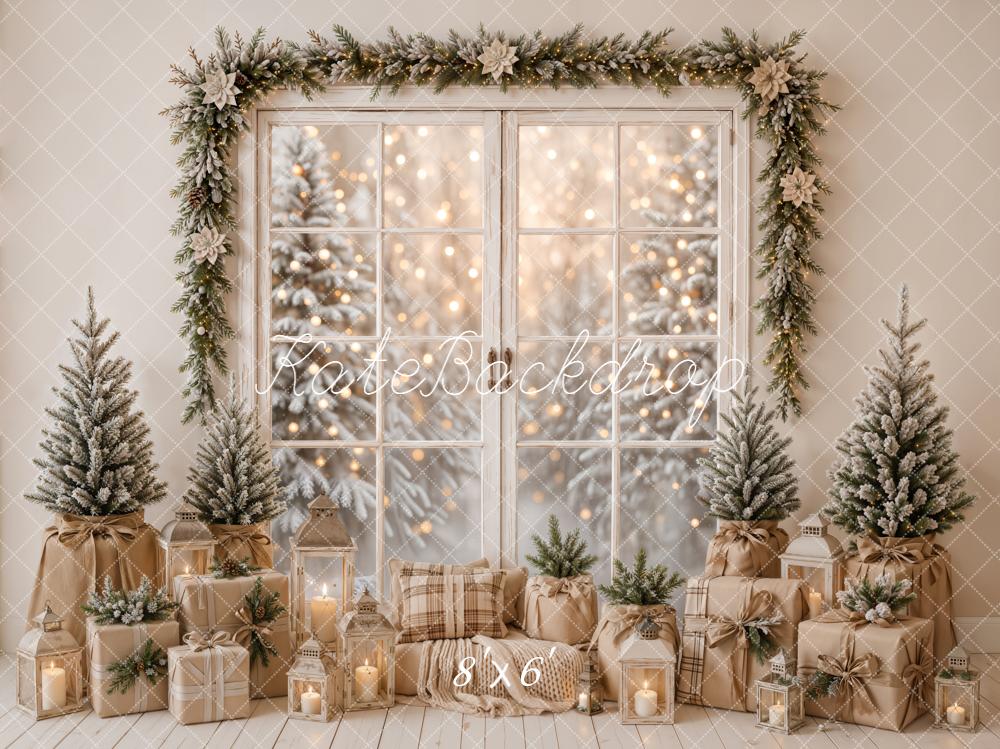 Kate Christmas Window Garland Rustic Frosted Trees Gifts Printed Backdrop Designed by Emetselch
