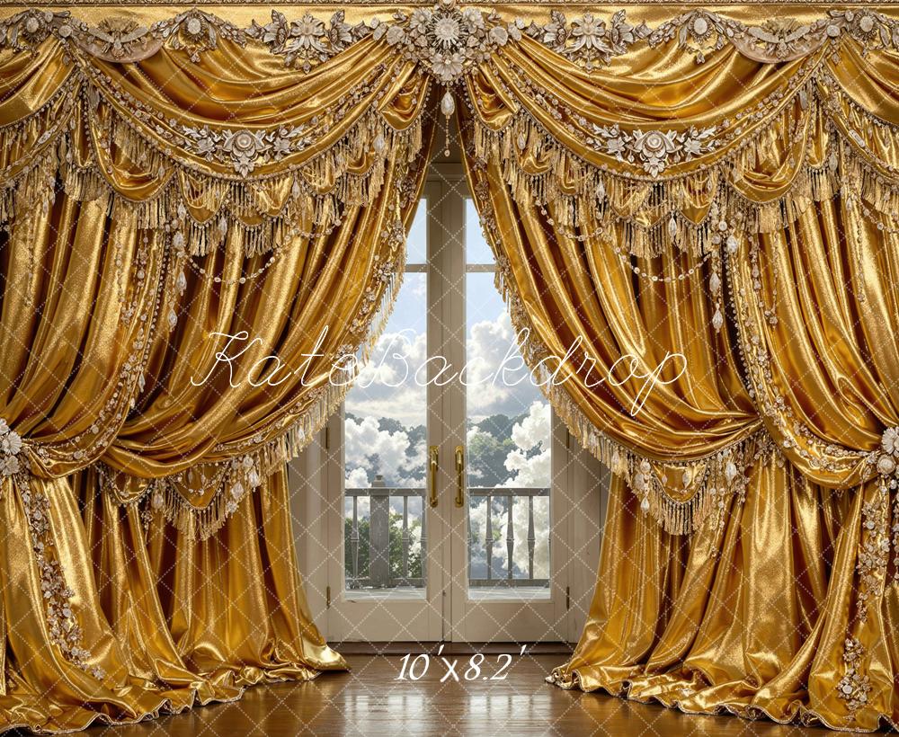 Kate Gold Ornate Curtains French Doors Printed Backdrop Designed by Mini MakeBelieve