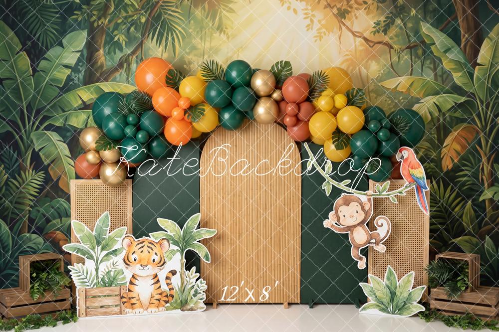 Kate Cake Smash Jungle Balloon Arch Cartoon Animals Printed Backdrop Designed by Patty Roberts
