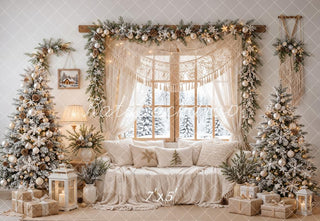 Kate Christmas Boho Cozy Living Room Trees Snow Window Printed Backdrop Designed by Emetselch