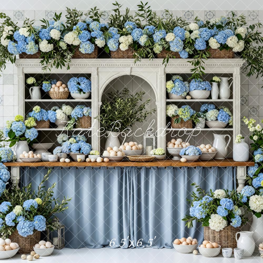 Kate Spring Blue Hydrangea Shelf Cabinet Eggs Kitchen Backdrop Designed by Patty Roberts