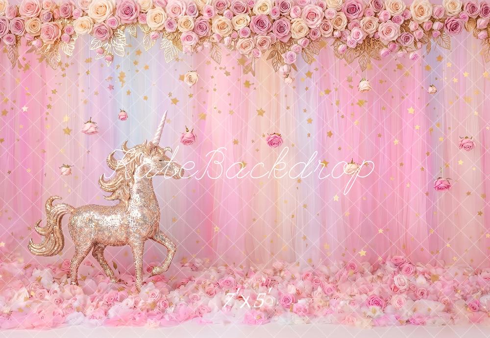 Kate Fantasy Cake Smash Gold Unicorn Pink Rose Curtains Printed Backdrop Designed by Angela Miller