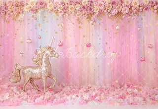TEST Kate Fantasy Cake Smash Gold Unicorn Pink Rose Curtains Printed Backdrop Designed by Angela Miller