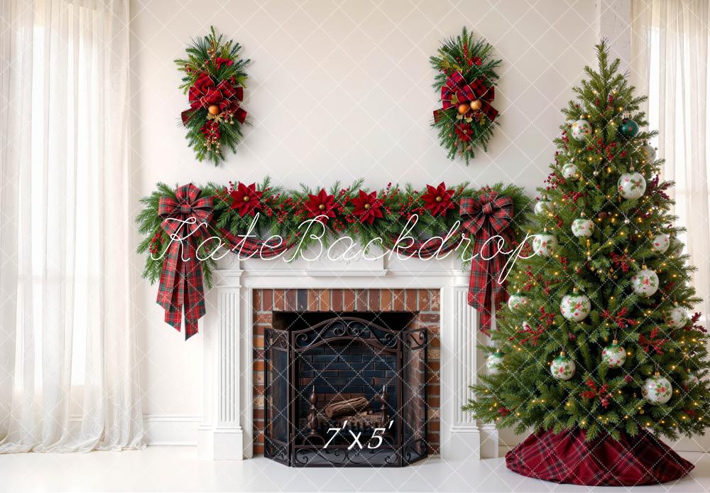 Kate Christmas Living Room Garland Fireplace Tree Red Plaid Bow Printed Backdrop Designed by Mini MakeBelieve