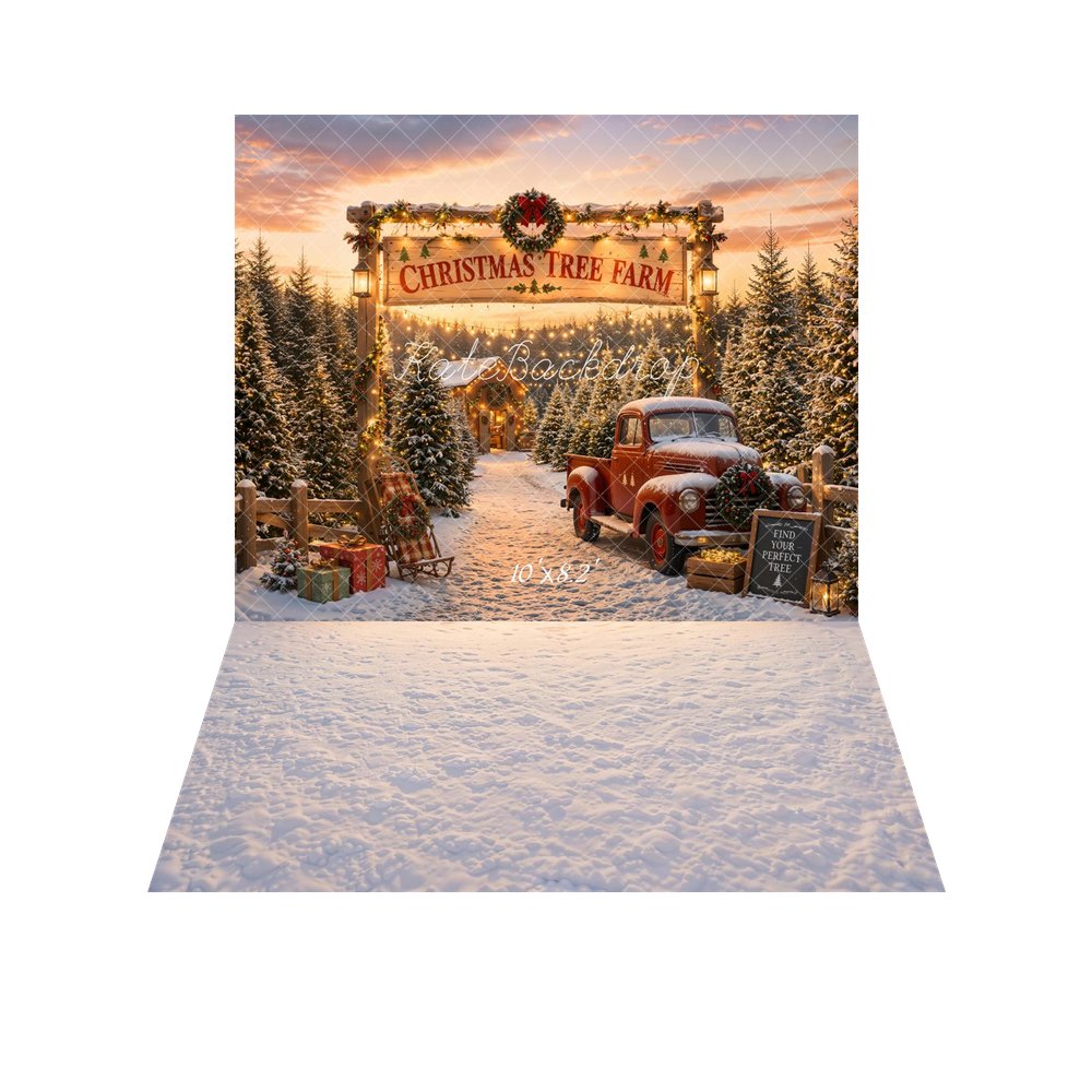 Kate Christmas Tree Farm Red Truck Snow Gifts Printed Backdrop+Snow Texture Floor Printed Backdrop