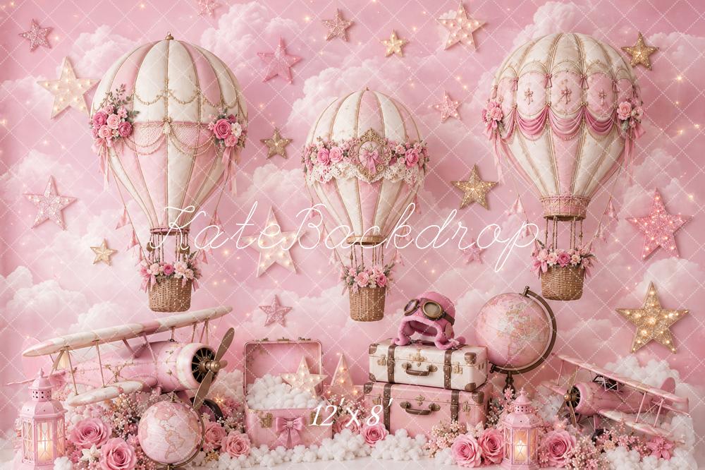 Kate Cake Smash Pink Hot Air Balloons Airplane Travel Printed Backdrop Designed by Ashley Paul