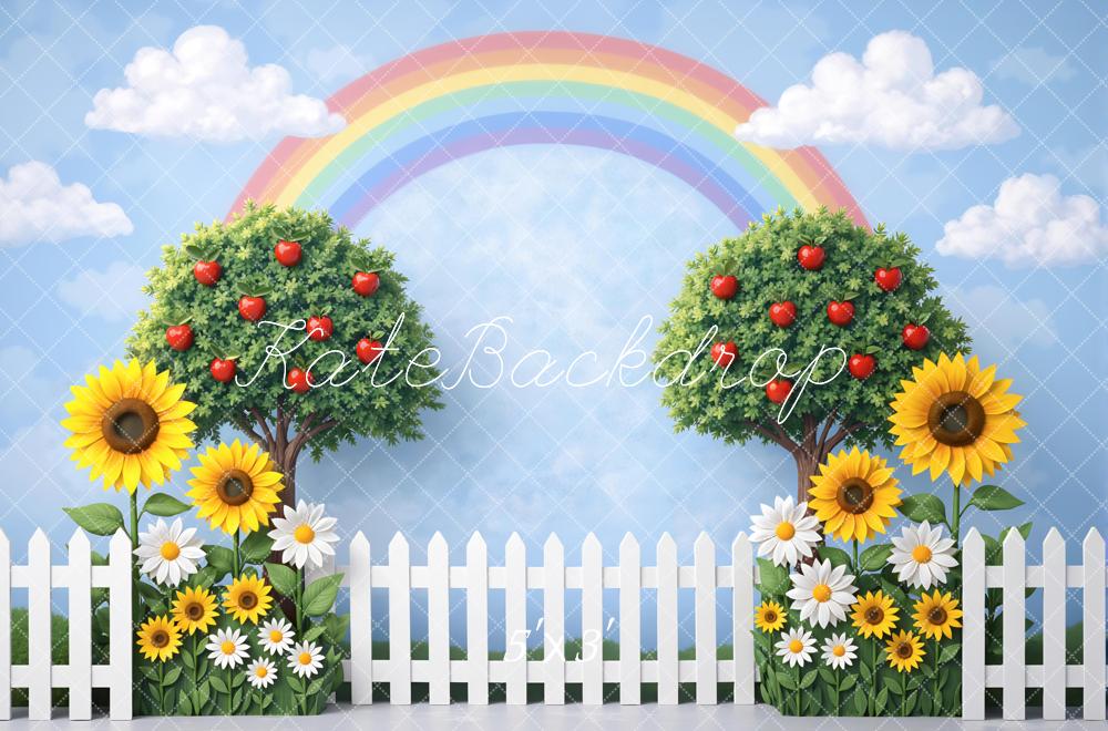 Kate Rainbow Apple Trees Sunflowers White Fence Printed Backdrop Designed by Mini MakeBelieve