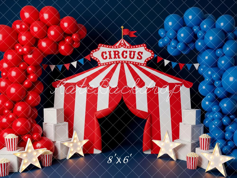 Kate Cake Smash Circus Tent Red Blue Balloon Popcorn Stars Printed Backdrop Designed by Patty Roberts