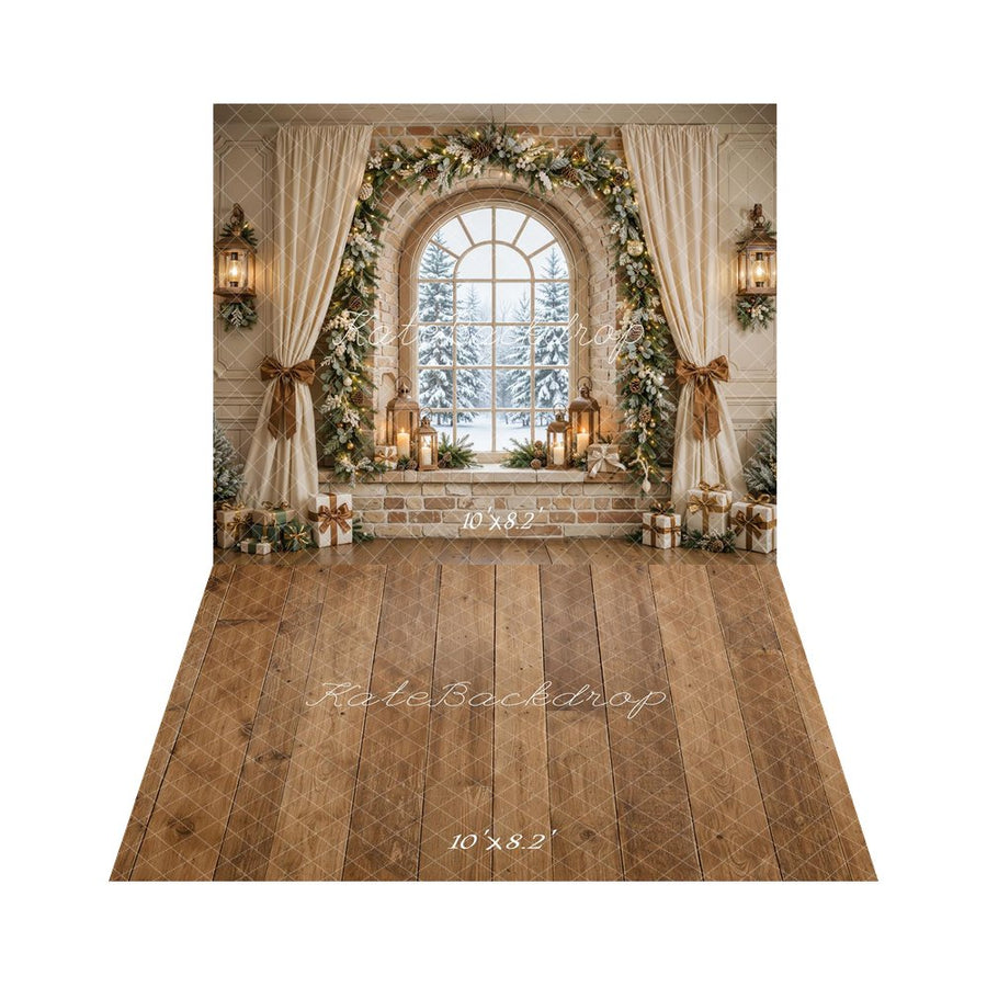 Kate Christmas Beige Brick Arch Window Garland Printed Backdrop+Brown ...