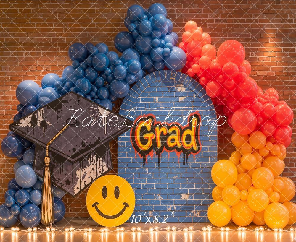 Kate Graduation Cap Blue Brick Wall Rainbow Balloons Printed Backdrop Designed by Emetselch