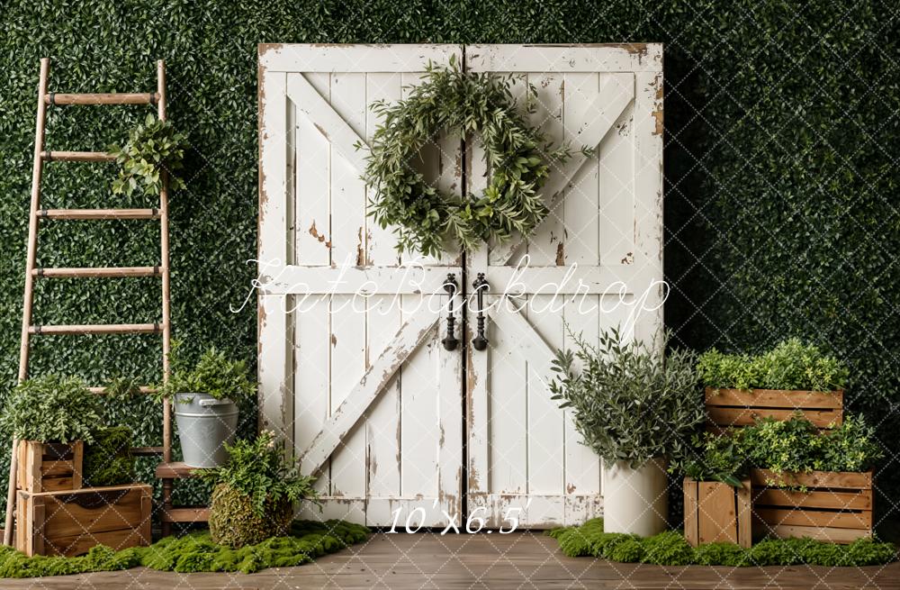 Kate Spring Greenery White Barn Door Wreath Ladder Crates Backdrop Designed by Emetselch