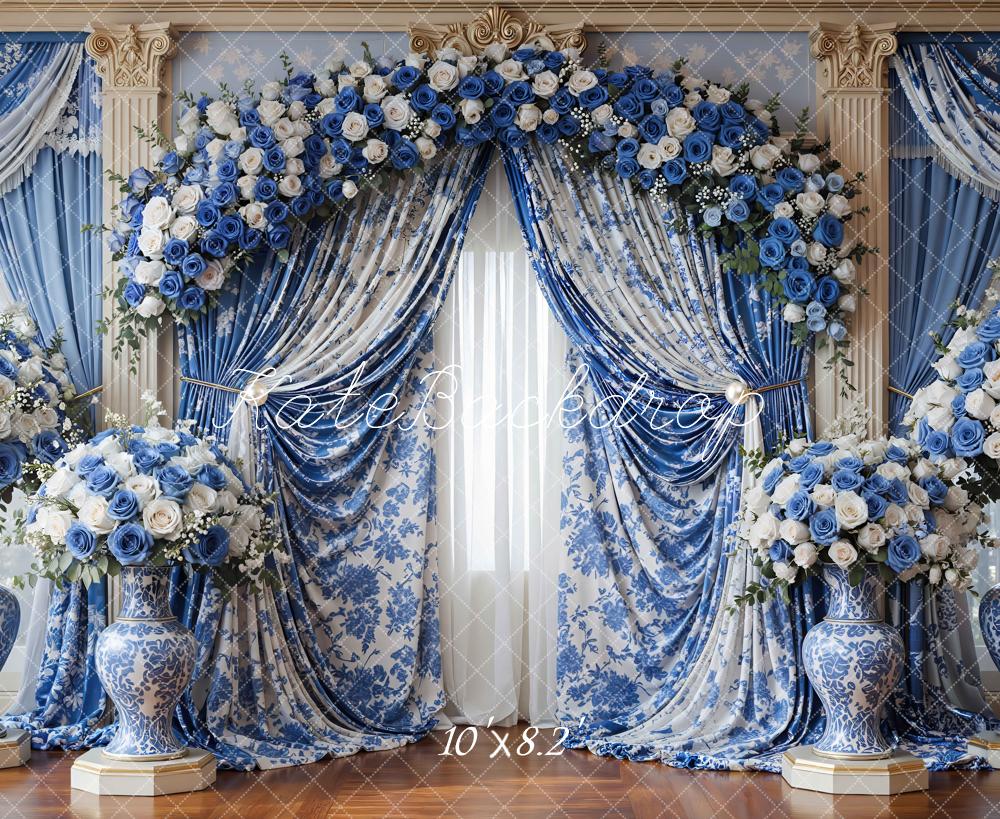 Kate Spring Blue Flower Arch with Floral Drapes and Vases Backdrop Designed by Mini MakeBelieve