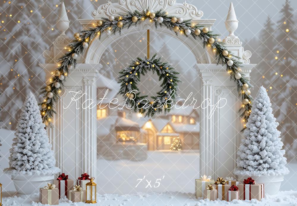 Kate Christmas Winter White Arch Wreath Snowy Trees Village Backdrop Designed by Mini MakeBelieve
