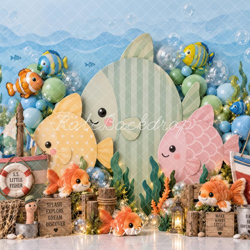 Kate Cake Smash Blue Underwater Fish Fishing Boat Printed Backdrop Designed by Laura Bybee