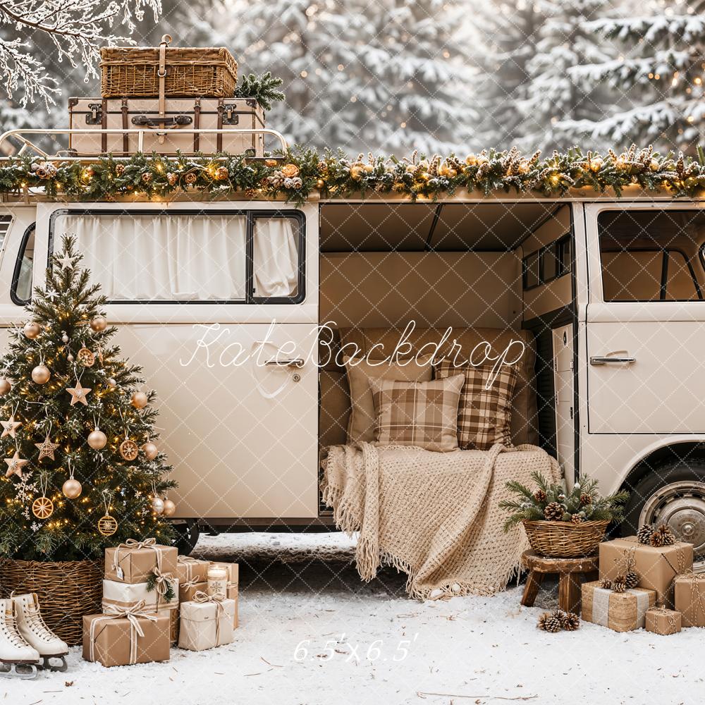 Kate Christmas Tree Camper Van Snowy Forest Gifts Printed Backdrop Designed by Emetselch