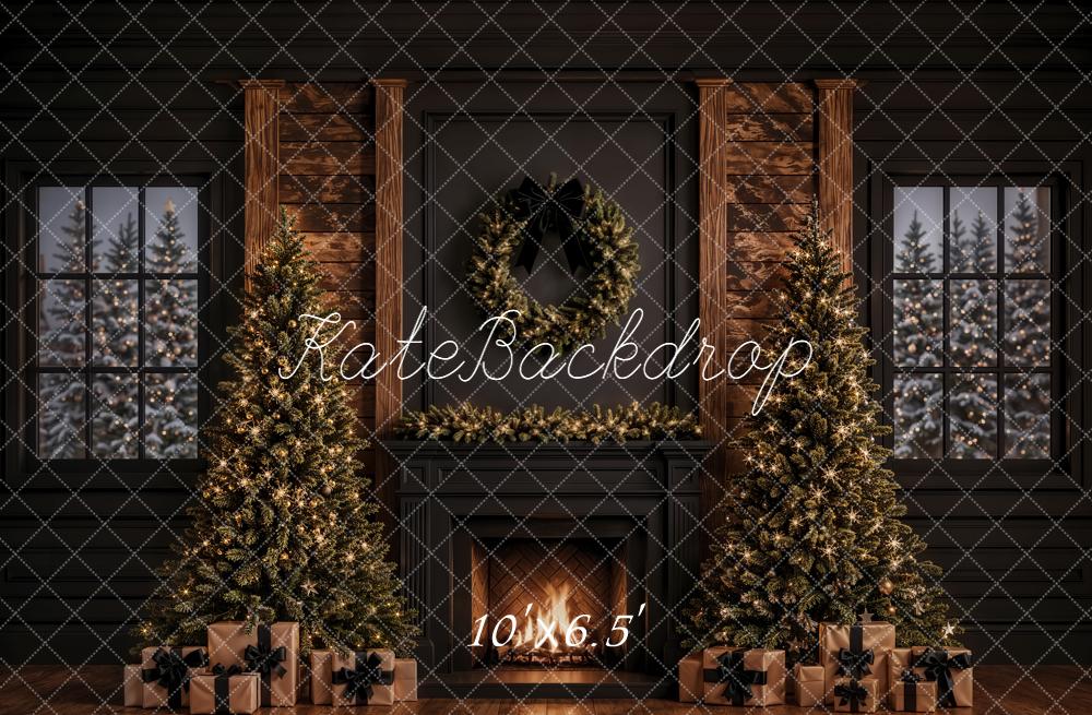 Kate Christmas Fireplace Christmas Trees Wreath Garland Presents Black Printed Backdrop Designed by Emetselch