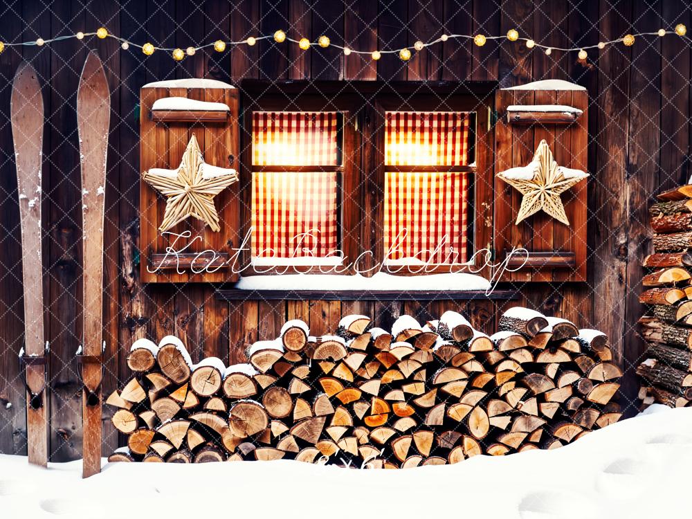 Kate Winter Wood Cabin Firewood Skis Stars Window Printed Backdrop Designed by Fantasyphotoart