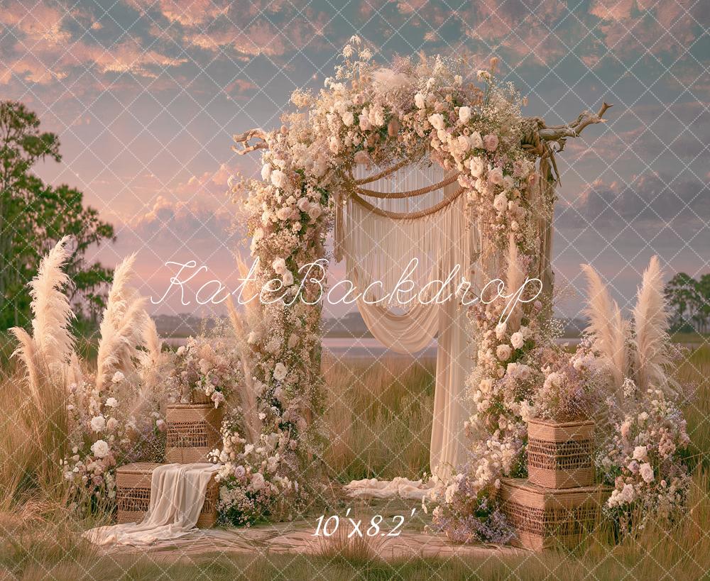 Kate Boho Sunset Flower Arch Pampas Grass Wicker Baskets Sunset Printed Backdrop Designed by Angela Miller