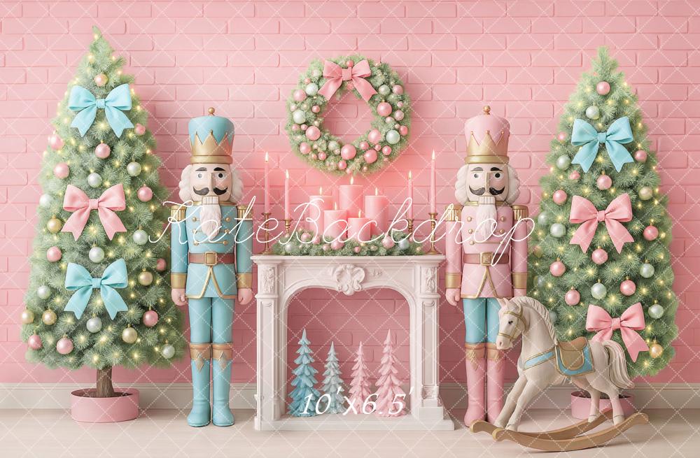 Sfondo di camino con cavallo da nutcracker dell'albero di Natale progettato da Ashley Paul