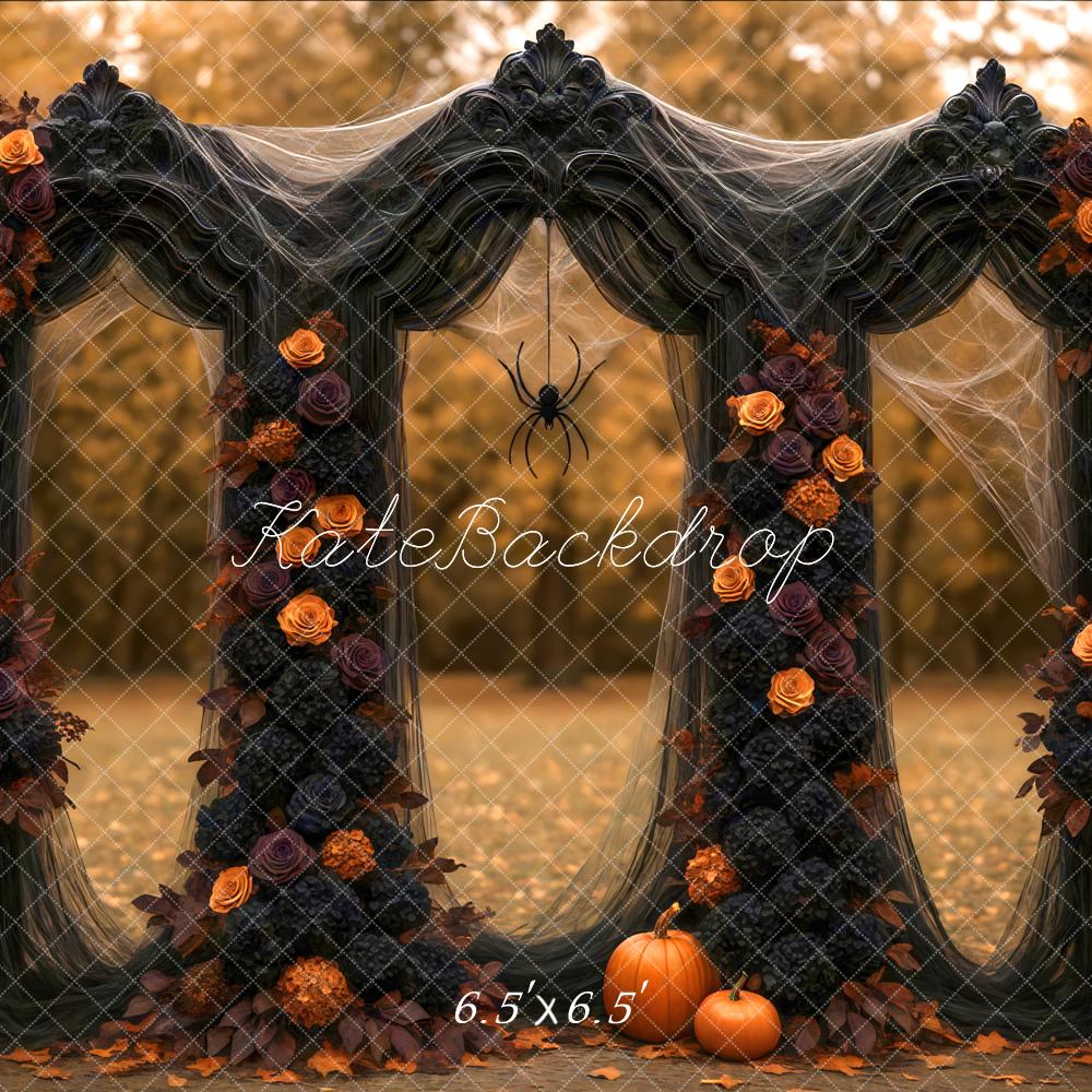 Kate Halloween Black Floral Arch Pumpkins Lanterns Spider Webs Backdrop Designed by Mini MakeBelieve