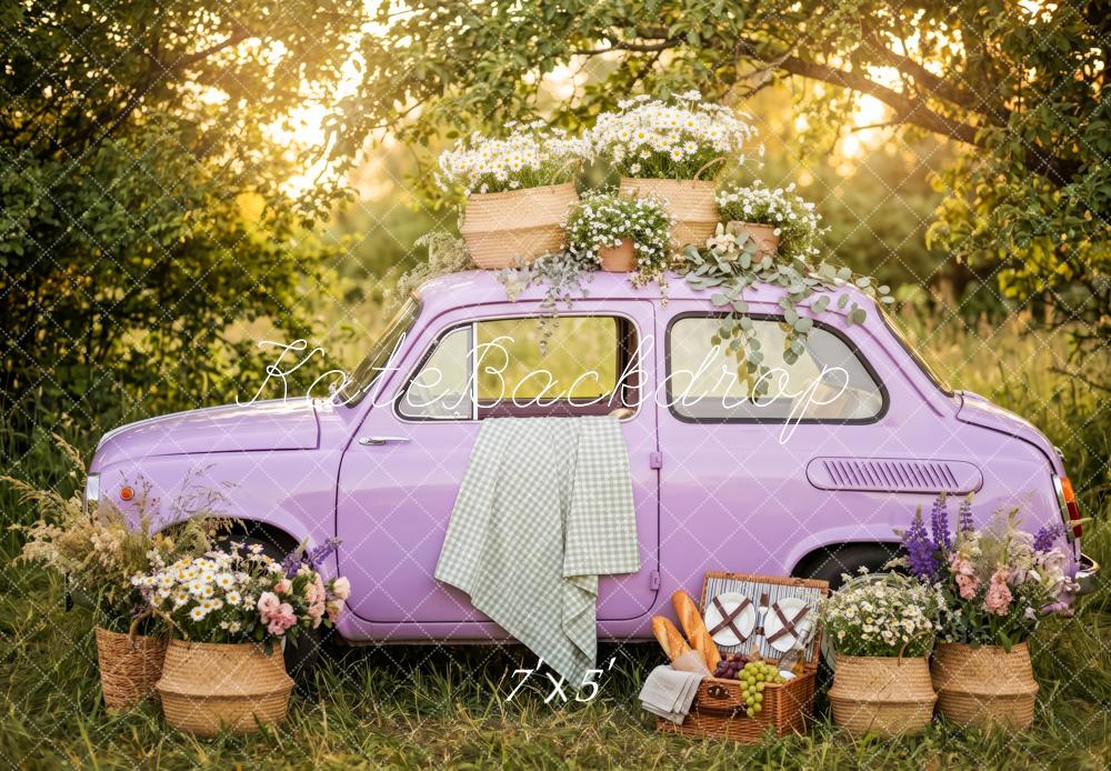 Kate Forest Purple Vintage Car Picnic Flowers Printed Backdrop Designed by Patty Roberts