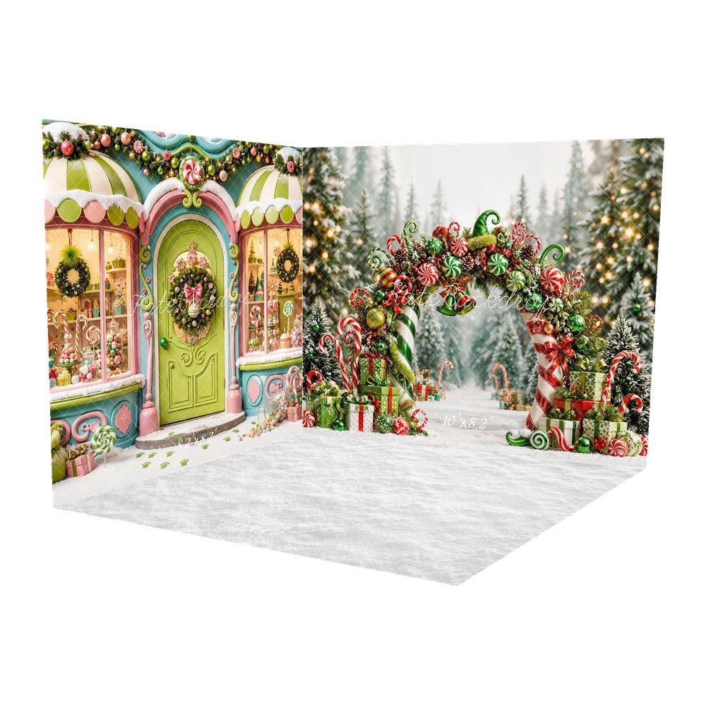 Kate Christmas Green Fantasy Candy Arch Forest Presents Snowy Printed Backdrop Room Set