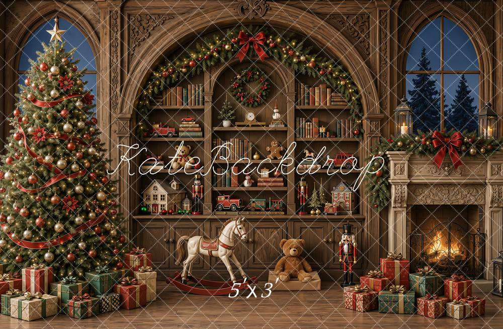 Kate Christmas Tree Toys Room Vintage Wood Wall Fireplace Gifts Printed Backdrop Designed by Emetselch