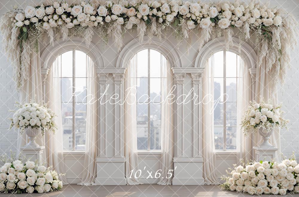 Kate White Flower Arch Windows Columns Printed Backdrop Designed by Mini MakeBelieve