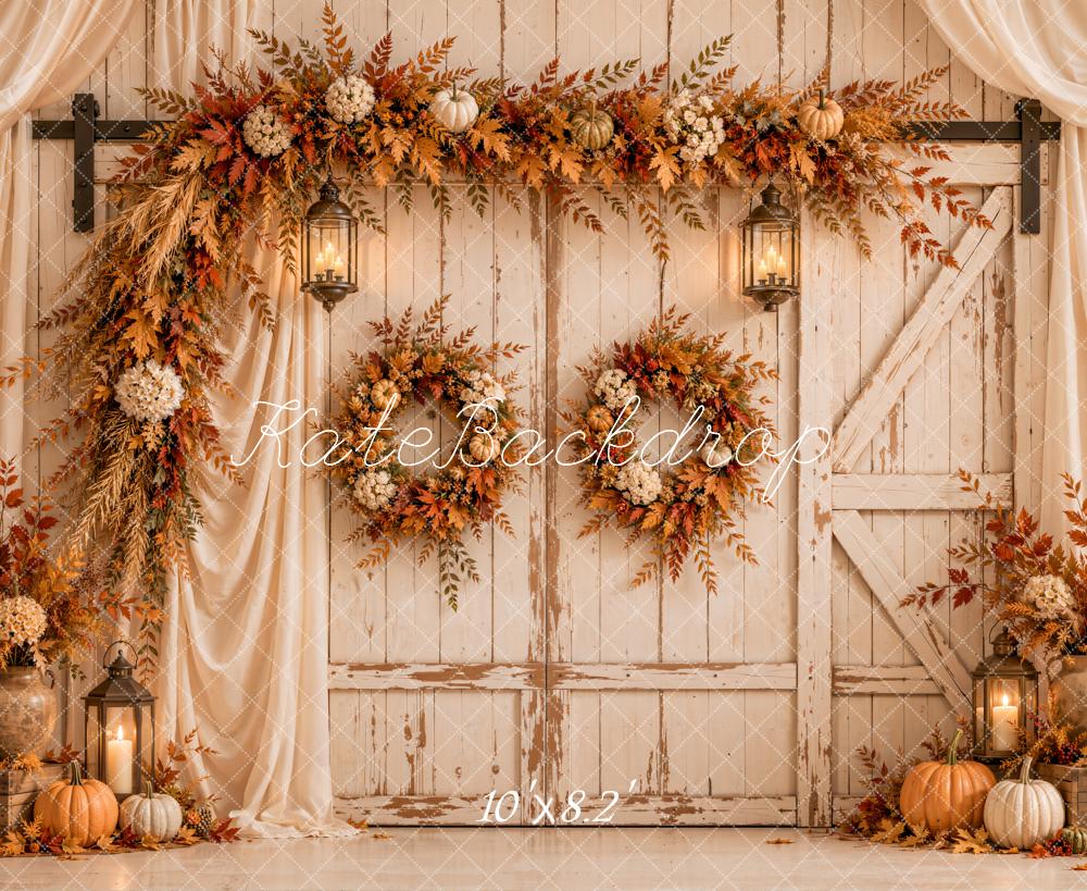 Kate Fall Floral Rustic Barn Door Pumpkins White Drapes Printed Backdrop Designed by Emetselch