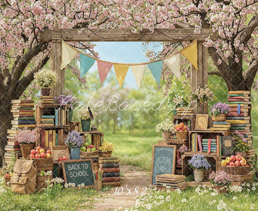 Kate Back to School Books Cherry Blossom Flowers Printed Backdrop Designed by Emetselch