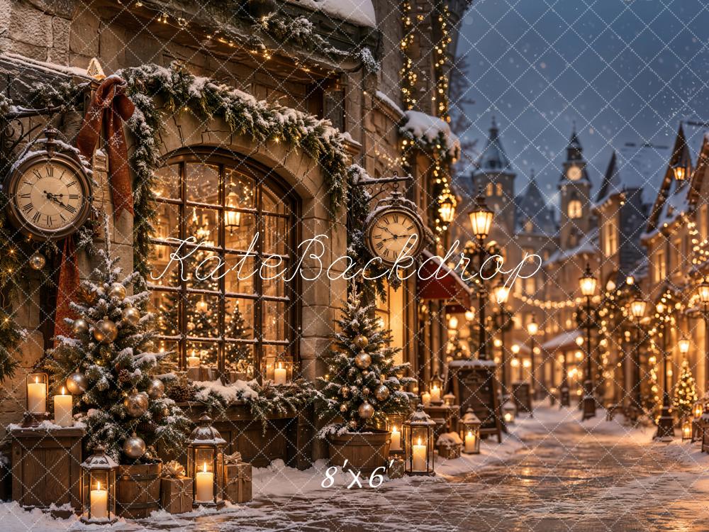 Kate Christmas Snowy Village Street Vintage Clock Printed Backdrop Designed by Emetselch