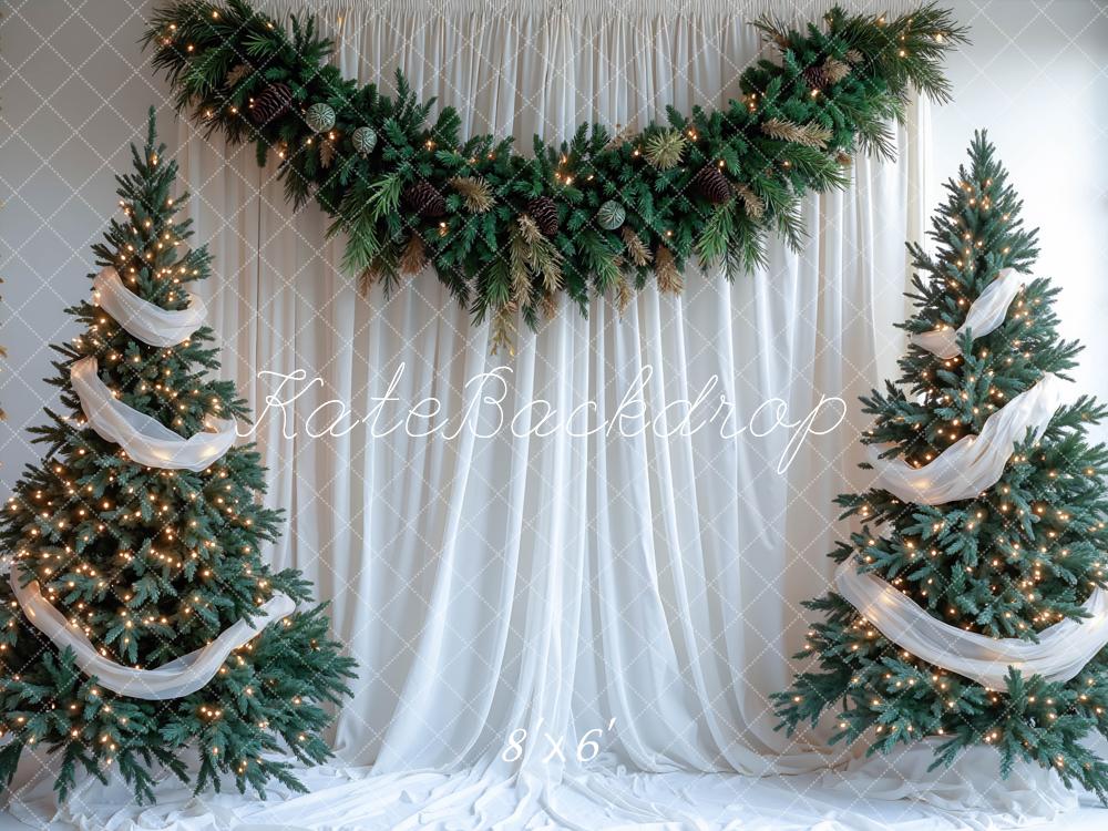 Kate Christmas Pine Trees Garland White Drapes Printed Backdrop Designed by Mini MakeBelieve